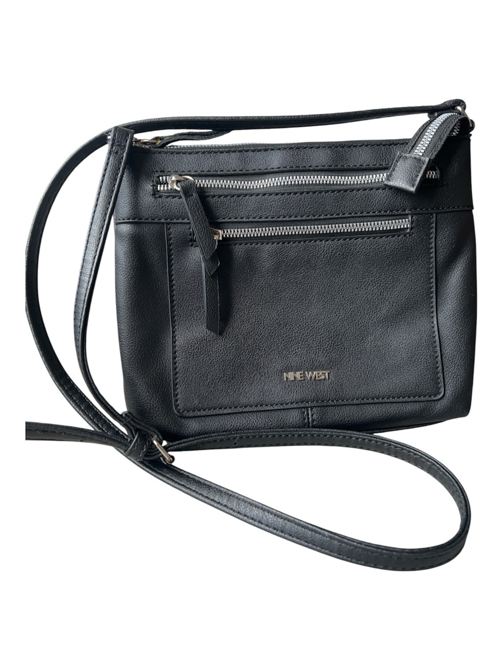 Nine West Black Crossbody, Silver Hardware, Front Zip Pockets, Adjustable Strap